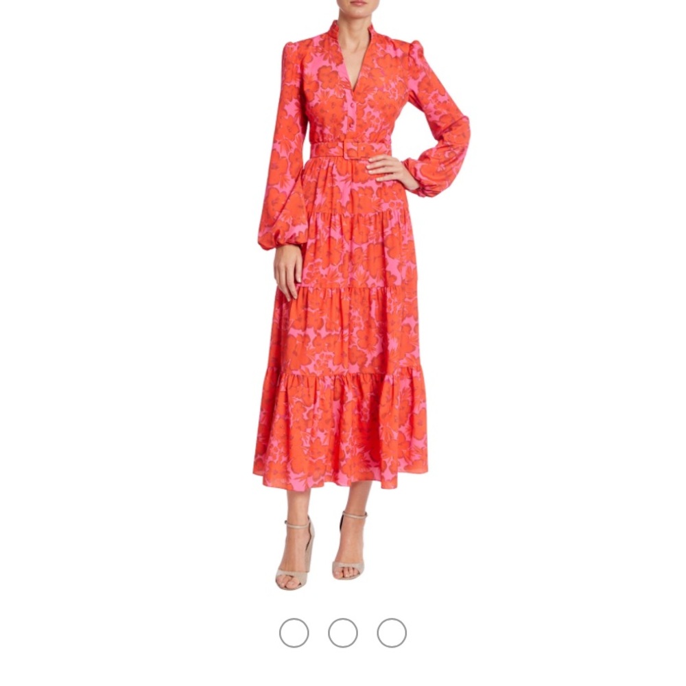 Bagdley Mischka Floral print, tiered, midi dress.